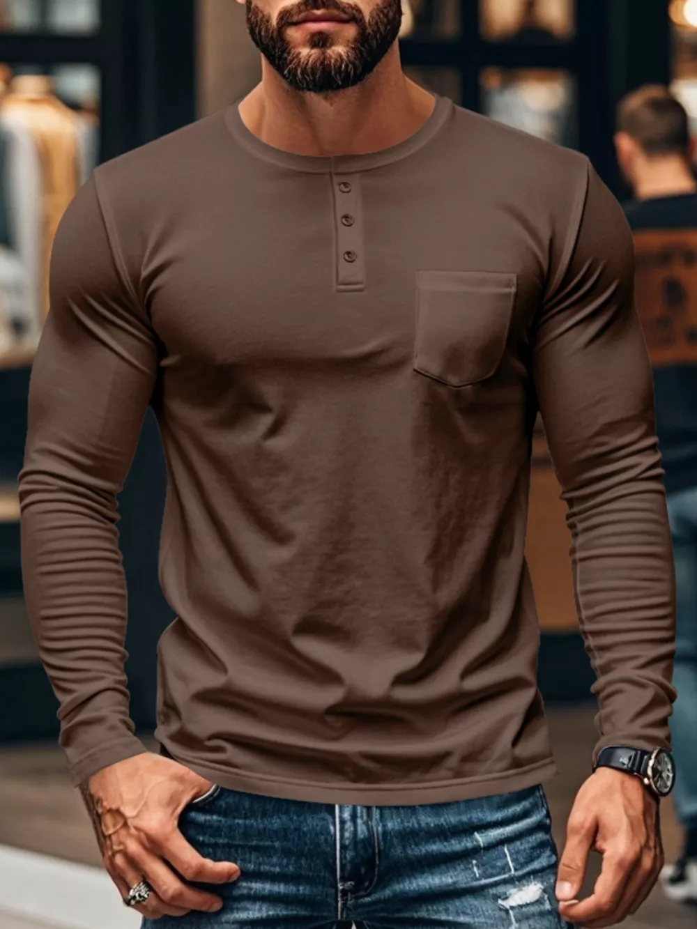 Men's Plus Size Casual Long Sleeve Henley T-Shirt with Pocket, image 12