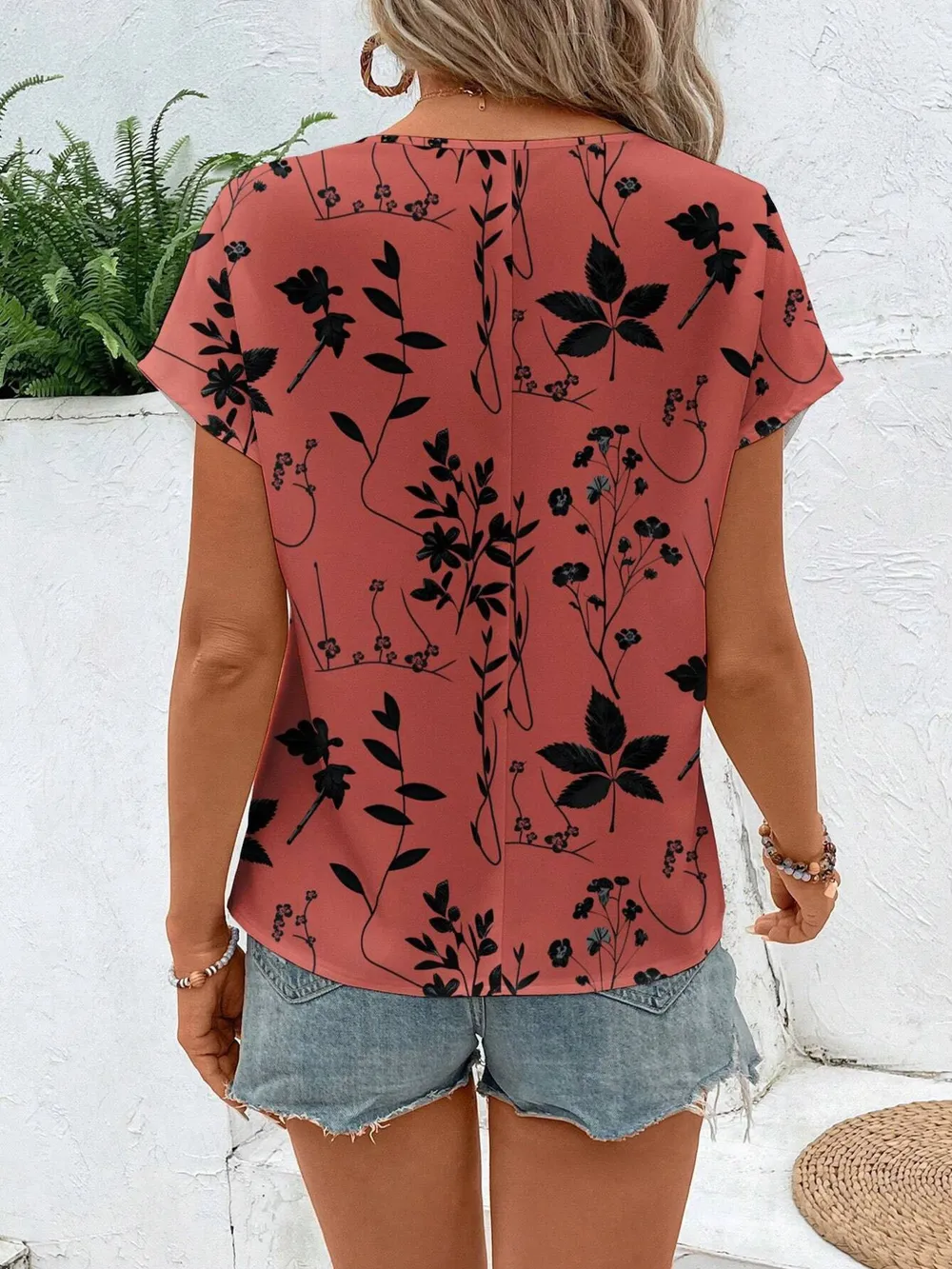 Printed Round Neck Short Sleeve Blouse, image 9