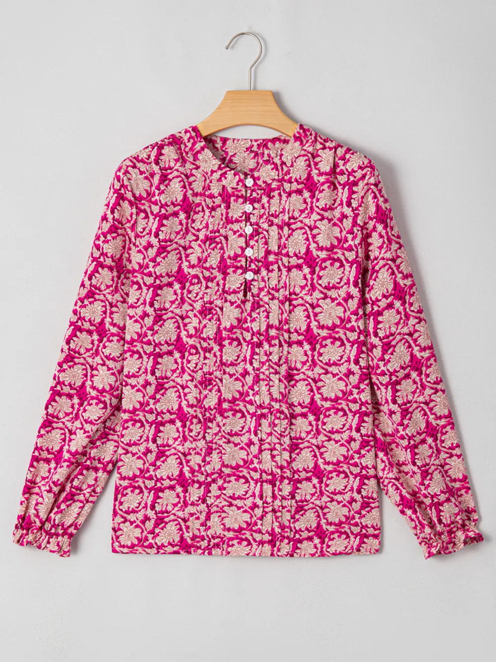 Floral Print Split Neck Pleated Long Sleeve Blouse, image 3
