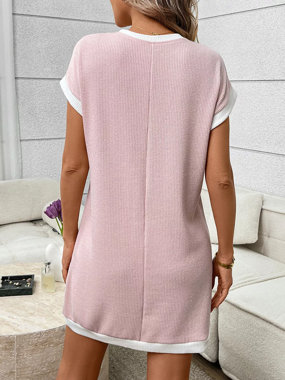 Contrast Trim Ribbed Knit Mini Dress with Pocket, image 15
