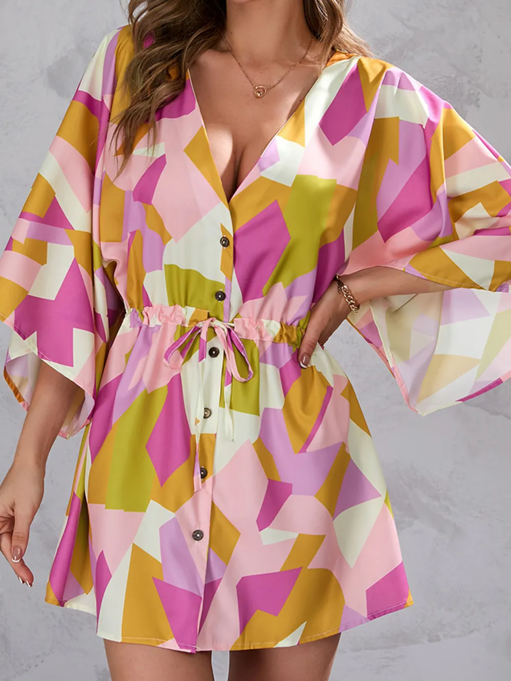 Color Block Drawstring Waist Button Up Dress, image 3