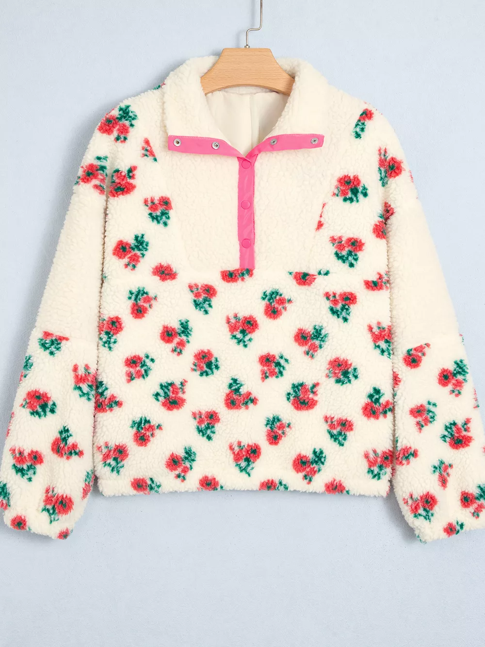 Floral Print Fleece Contrast Trim Button Collar Sweatshirt, image 6