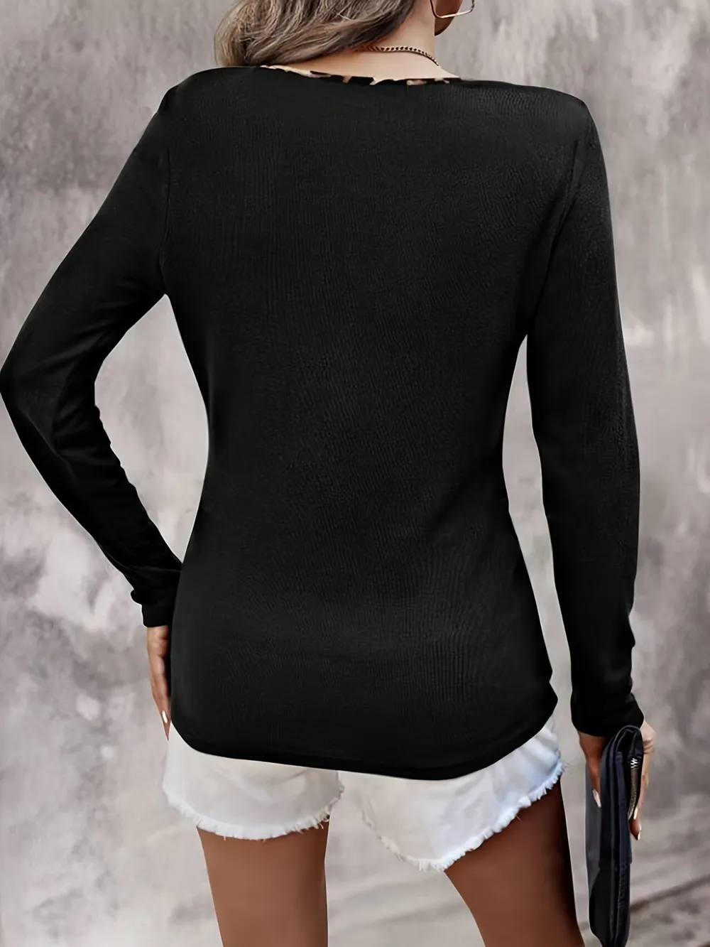 Leopard Trim Long Sleeve T-Shirt, image 2