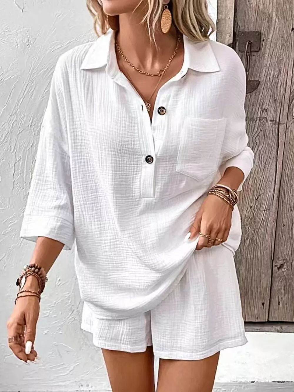 Button Detail Top and Shorts Set, image 2