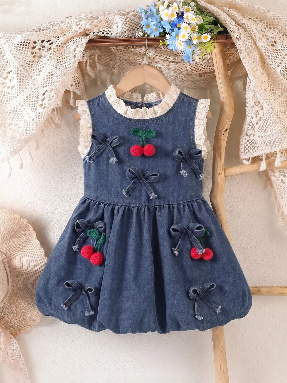 Children's Denim Cherry Applique Dress with Lace Trim, image 2