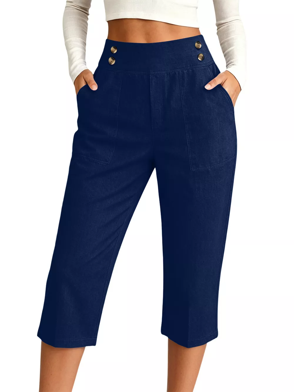 Full Size High-Waisted Button-Detail Cropped Pants Plus Size, image 11