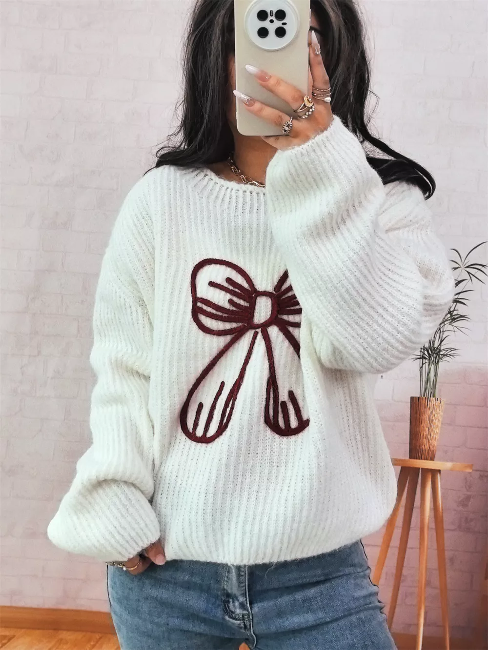 Bow Round Neck Long Sleeve Sweater, image 4