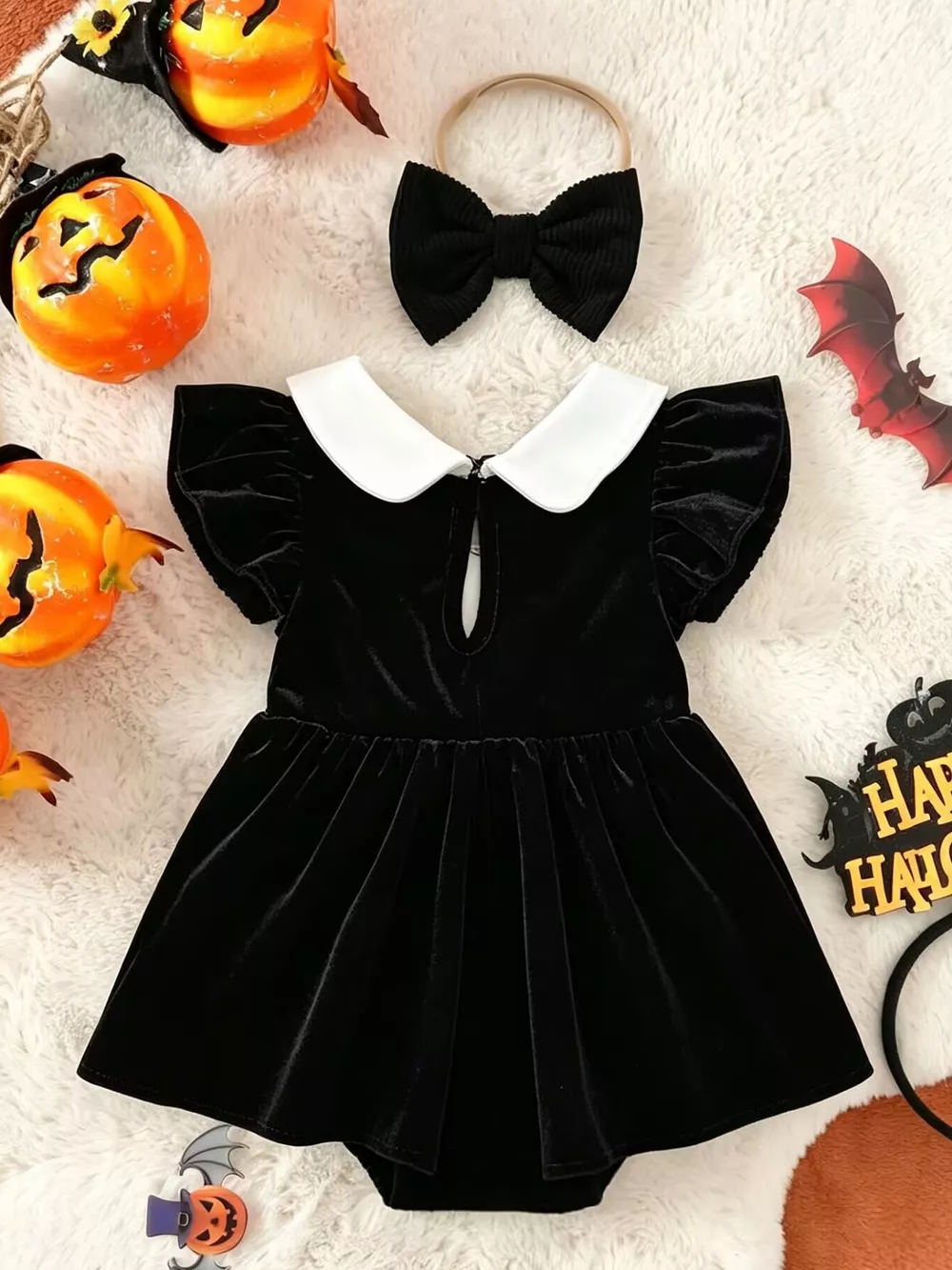 Children's Halloween 'BOO' Ghost Velvet Bodysuit Dress and Bow Headband Set, image 6