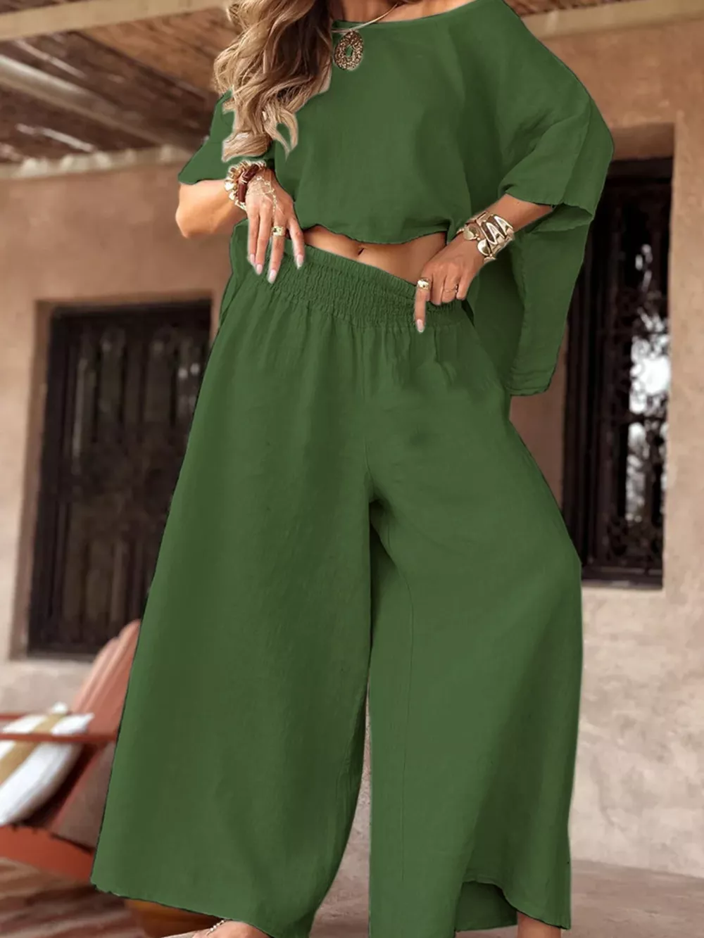 Full Size Boat Neck Top and Wide Leg Pants Set Plus Size, image 11