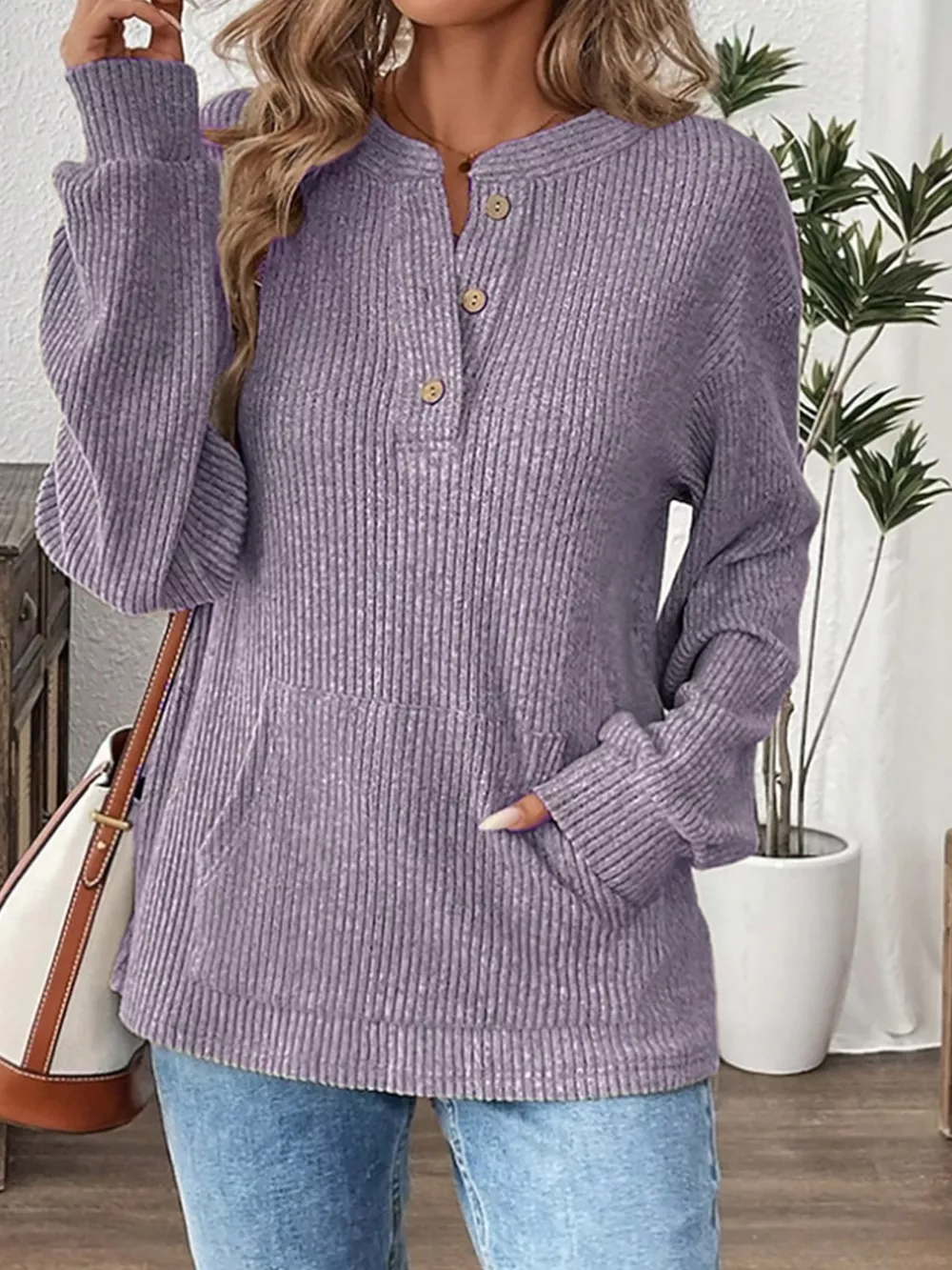 Ribbed Button Detail Long Sleeve T-Shirt, image 4