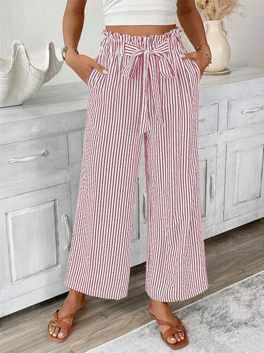Full Size Striped Wide Leg Paper Bag Pants Plus Size, image 4