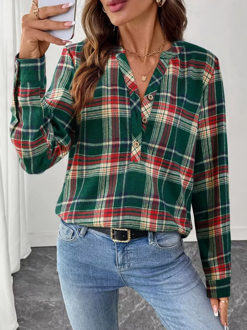 Plaid Half Button Long Sleeve Blouse, image 15