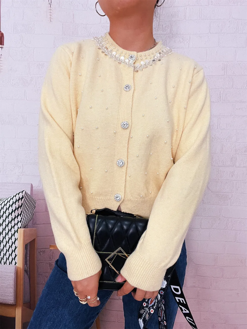 Pearl Detail Button-Front Cardigan, image 27