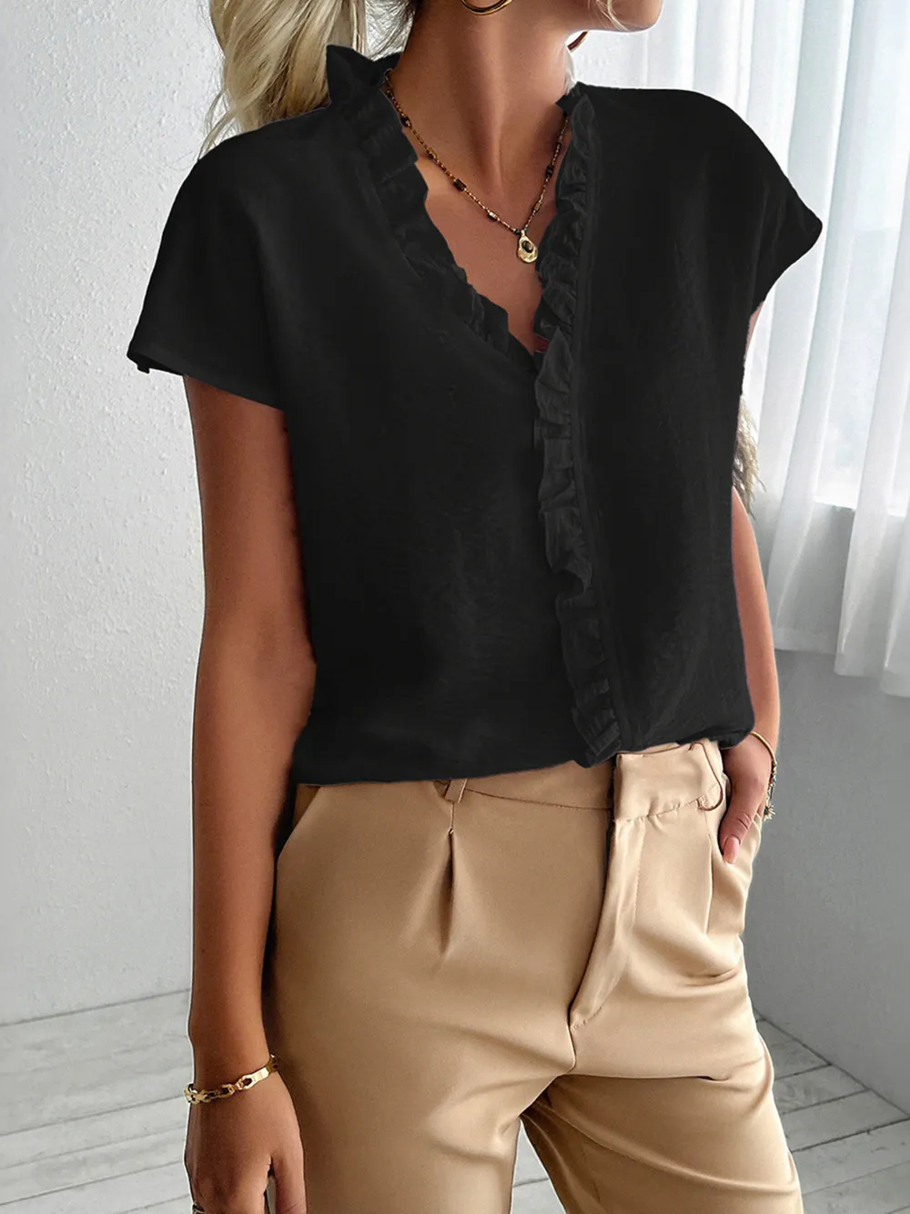 Ruffled V-Neck Short Sleeve Blouse, image 12
