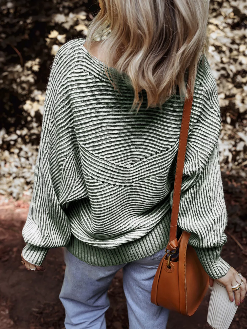 Striped Ribbed Knit Boat Neck Baggy Sweater, image 4