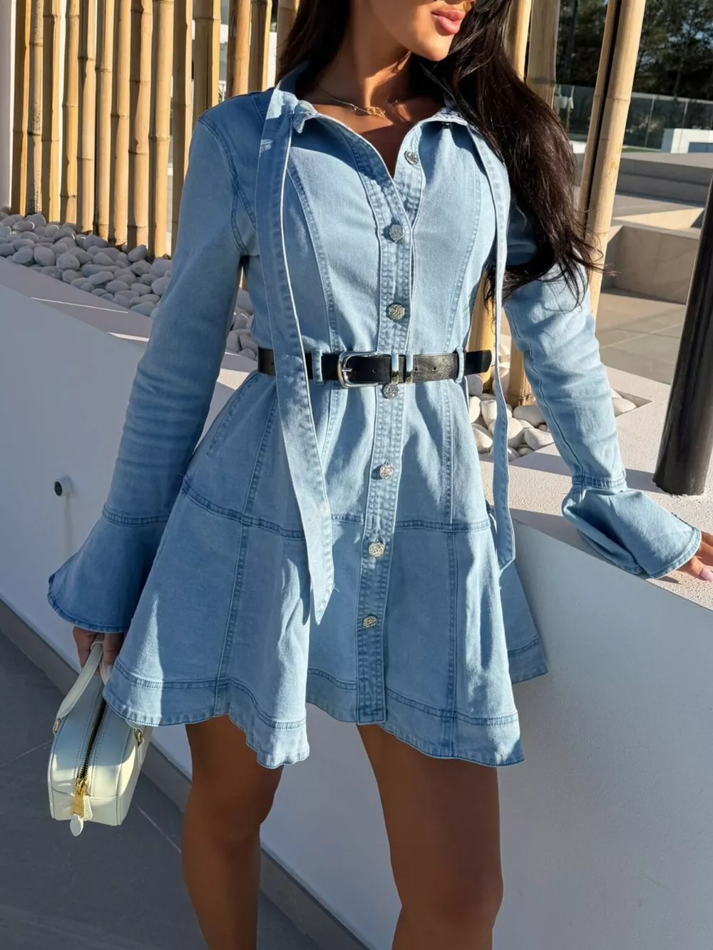 Button Front Flounce Sleeve Denim Dress, image 3