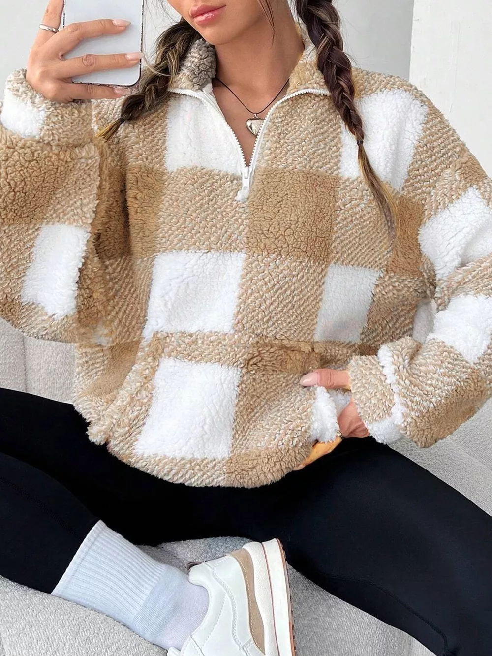 Full Size Plaid Sherpa Long Sleeve Sweatshirt Plus Size, image 5