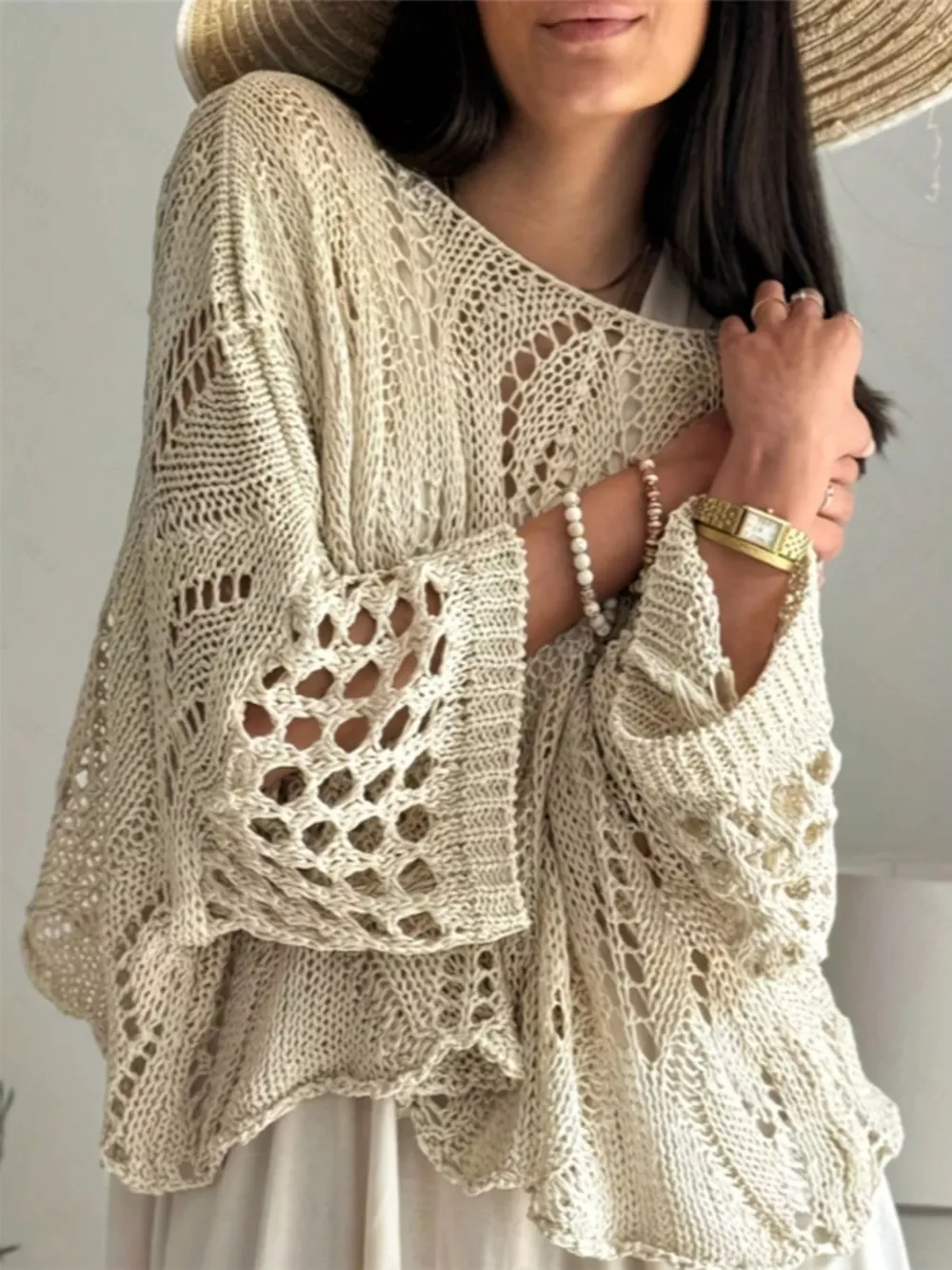 Boat Neck Crochet Knit Cover Up