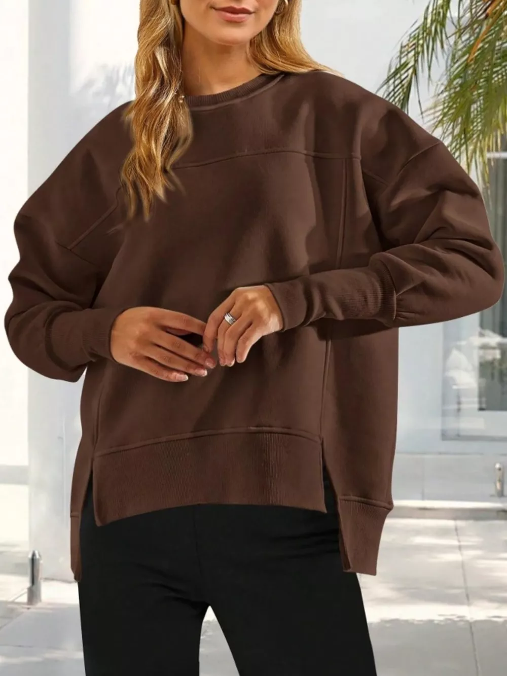 Slit Round Neck Dropped Shoulder Sweatshirt, image 5