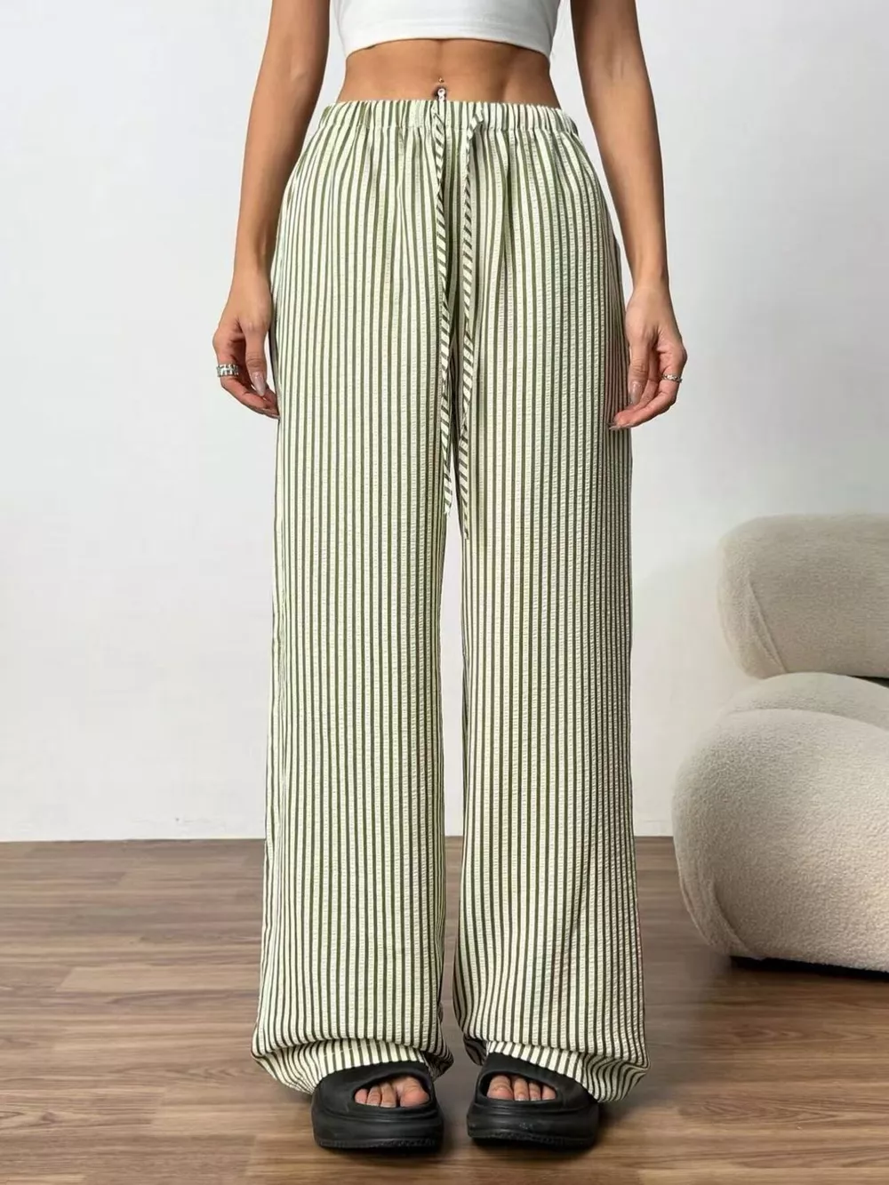 Full Size Striped Drawstring Waist Wide Leg Pants Plus Size, image 3