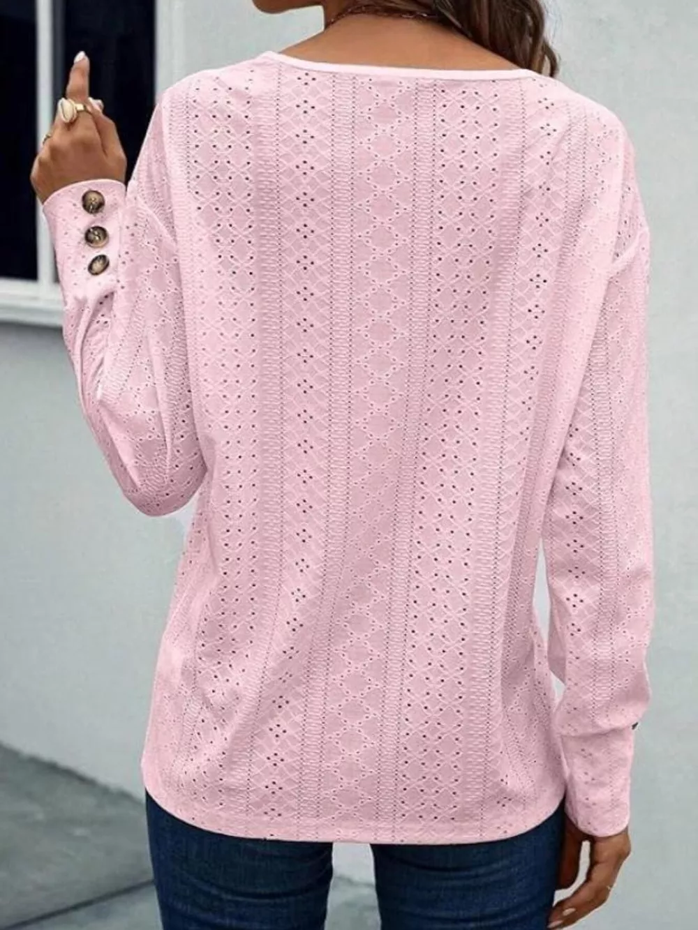 Eyelet V-Neck Long Sleeve Blouse, image 3