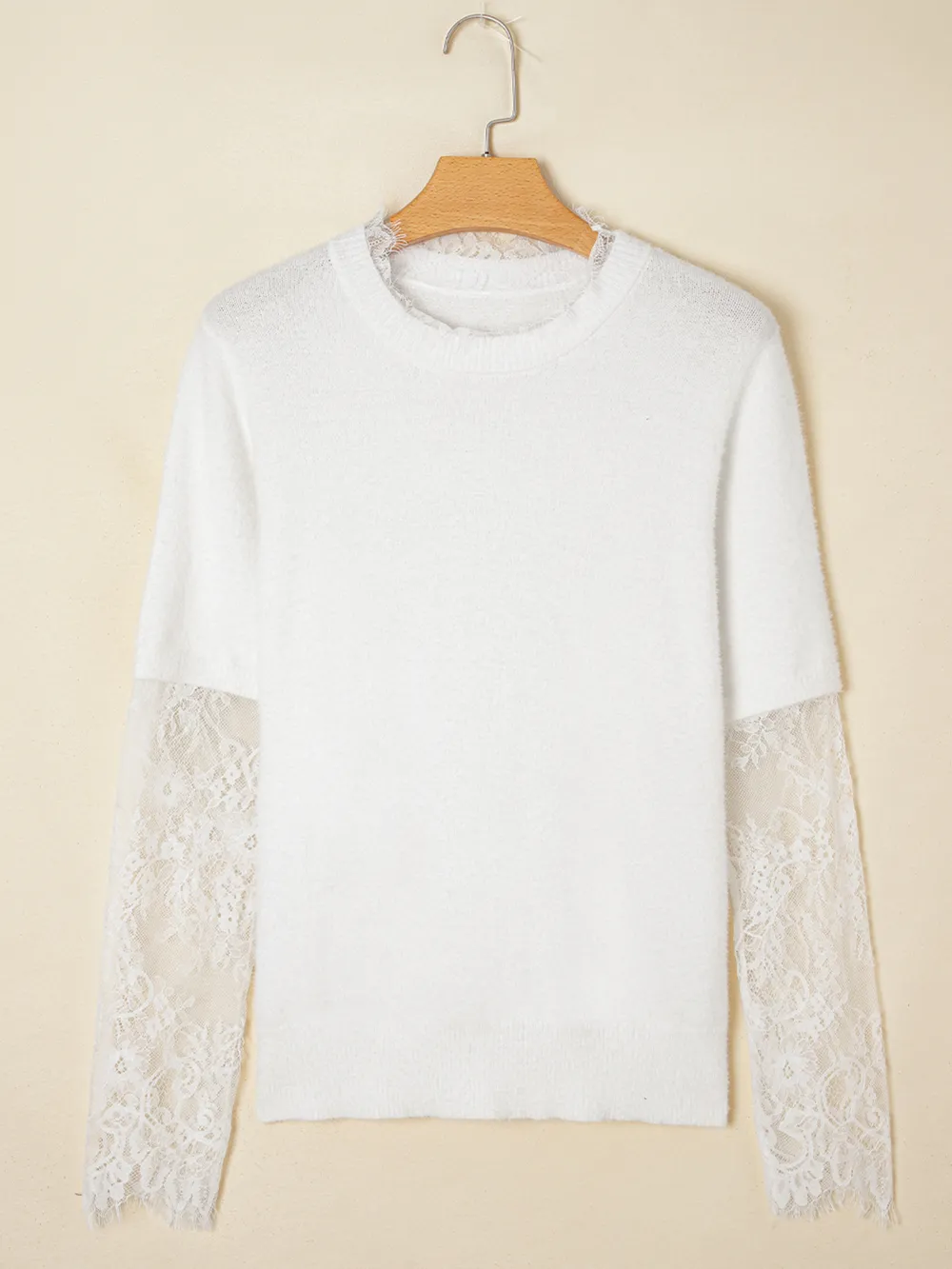 Lace Sleeve Patchwork Faux Two-piece Fuzzy Sweater, image 4