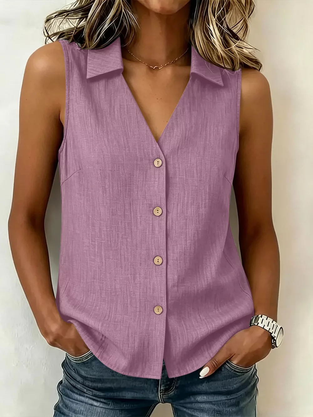 Full Size Button-Up Collared Neck Sleeveless Top Plus Size, image 7
