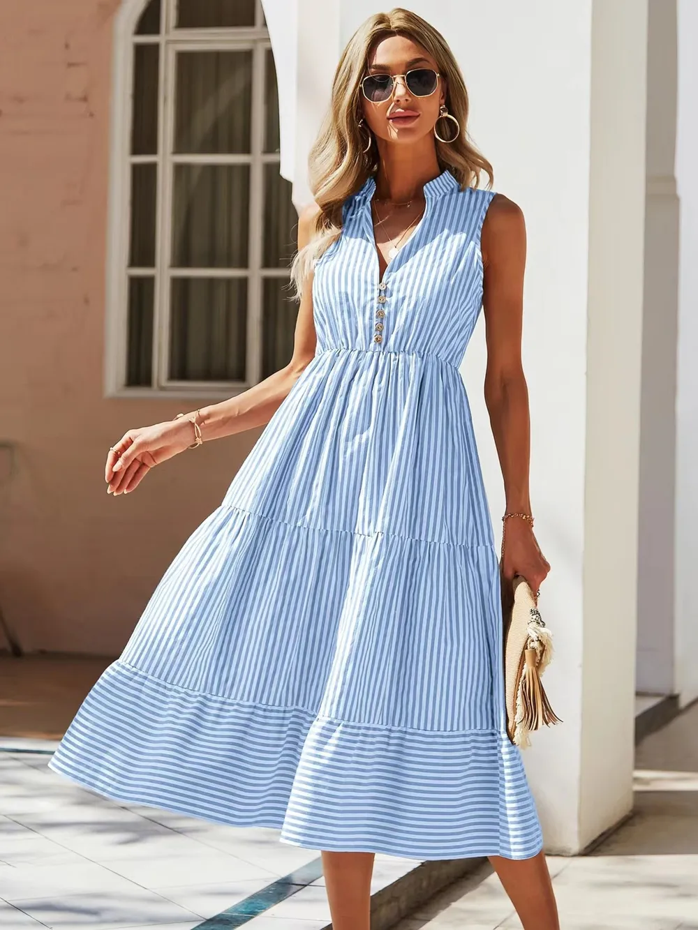 Striped Sleeveless Tiered Midi Dress, image 2