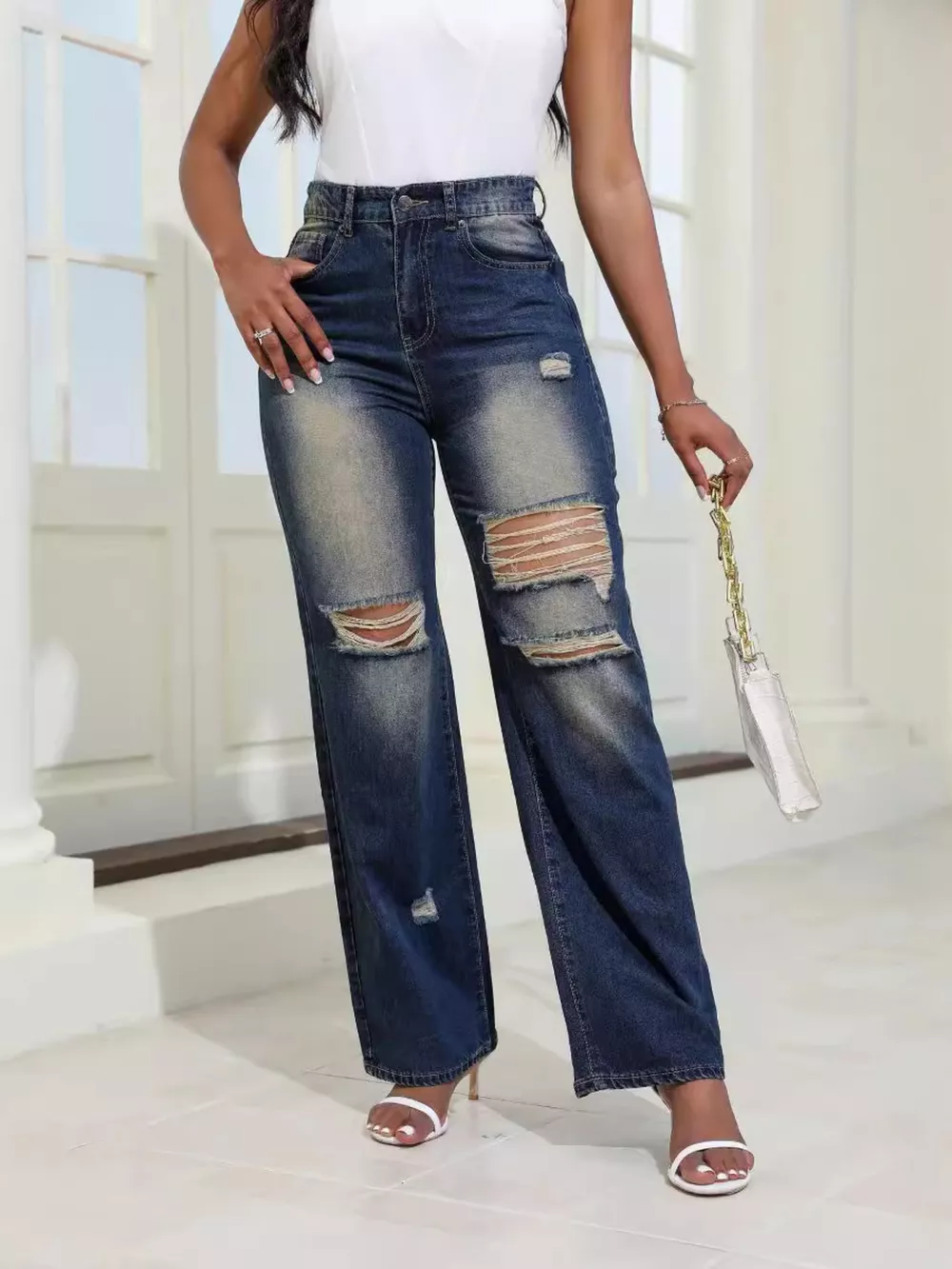 High-Waisted Distressed Wide-Leg Jeans, image 7