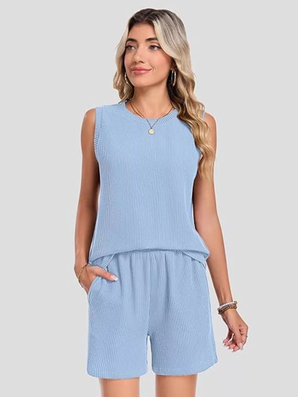 Casual Ribbed Knit Sleeveless Top and Shorts Set, image 18
