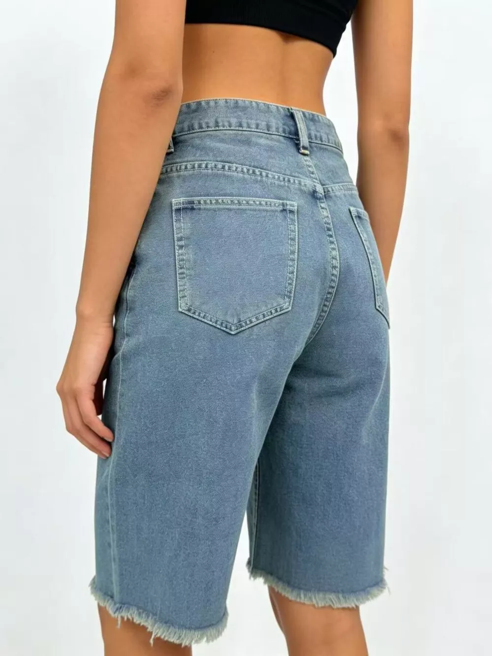 Frayed Hem Relaxed Fit Denim Shorts, image 4
