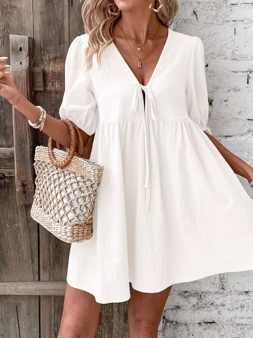 Tie Front Puff Sleeve Mini Dress, image 2