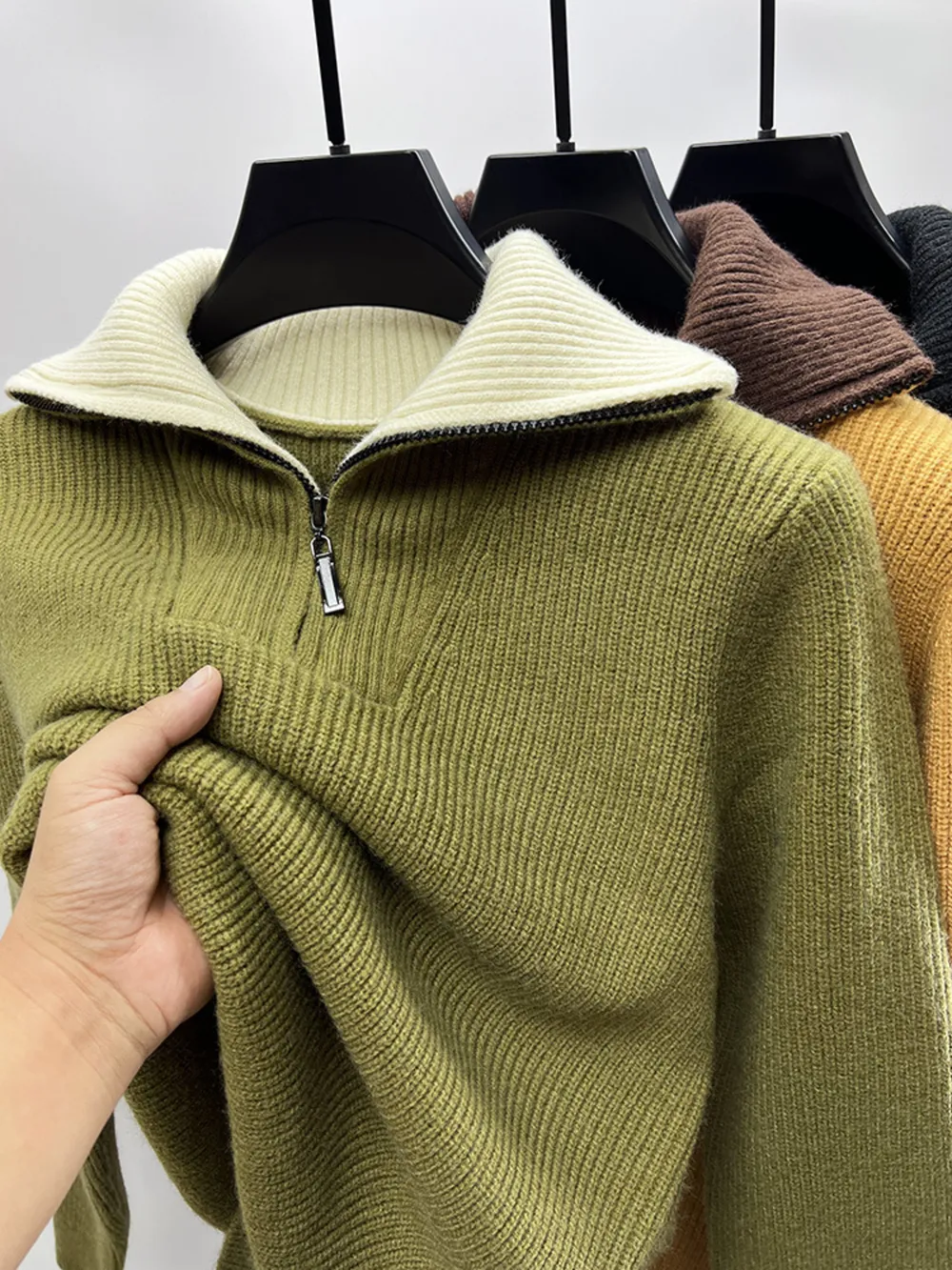 Men's Plus Size Zip Collar Long Sleeve Sweater, image 3