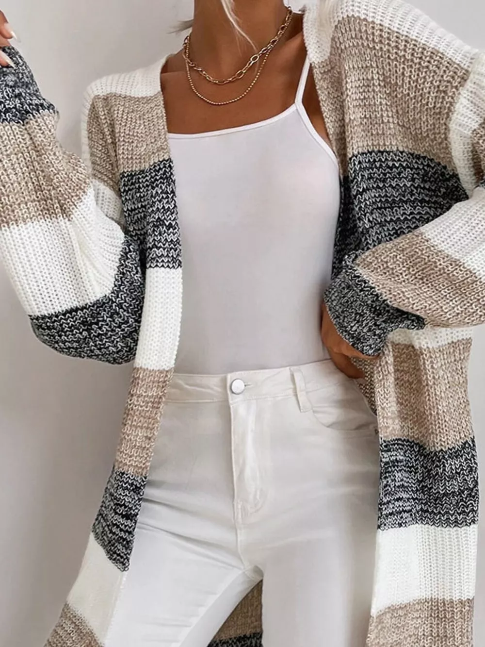 Color Block Striped Open Front Longline Cardigan, image 5