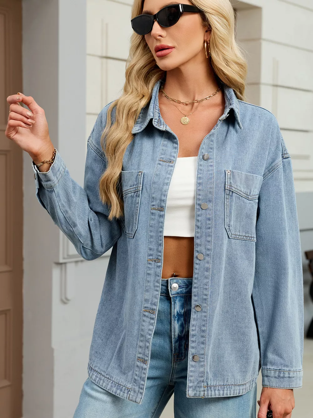 Button Up Dropped Shoulder Denim Jacket, image 12