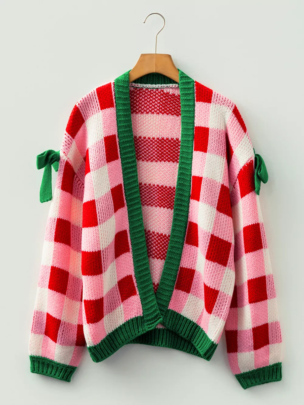 Checkered Bow-Tie Sleeve Knit Christmas Cardigan, image 5