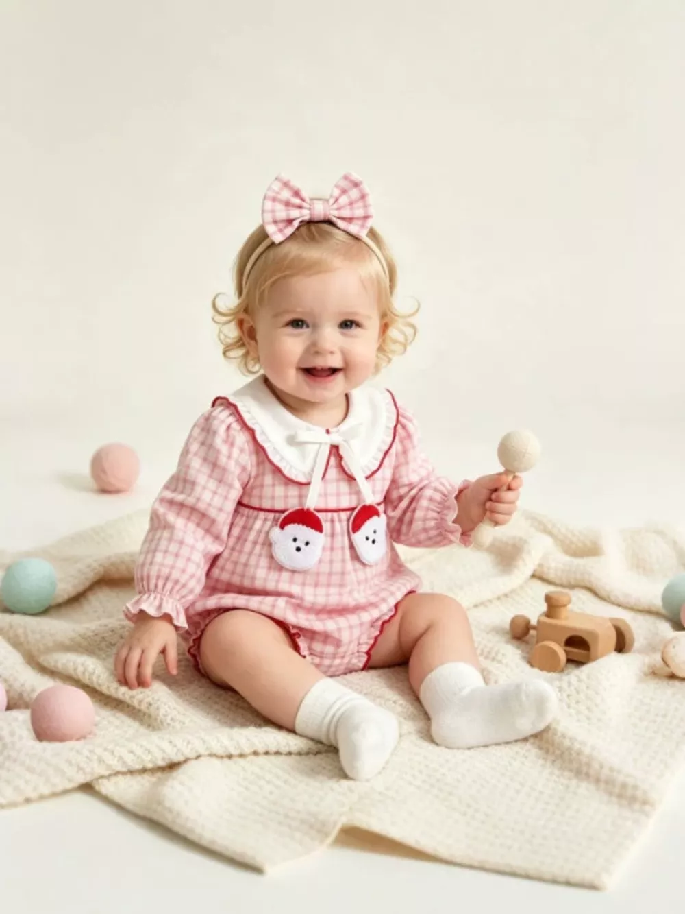 Children's Plaid Long-Sleeve Bodysuit and Bow Headband Set, image 2