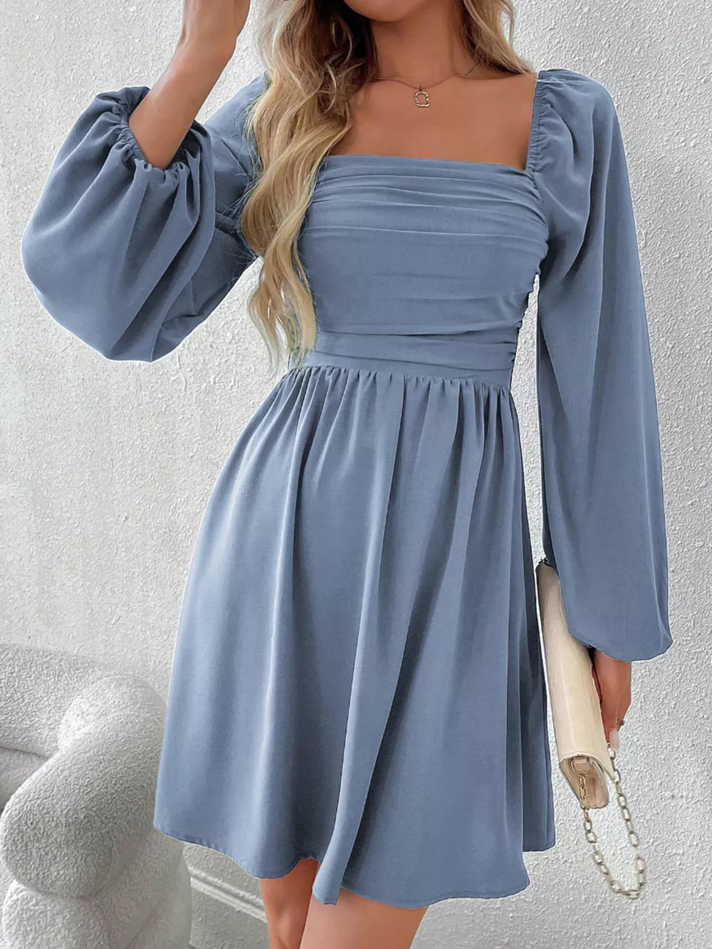 Ruched Square Neck Long Sleeve A-Line Dress, image 7