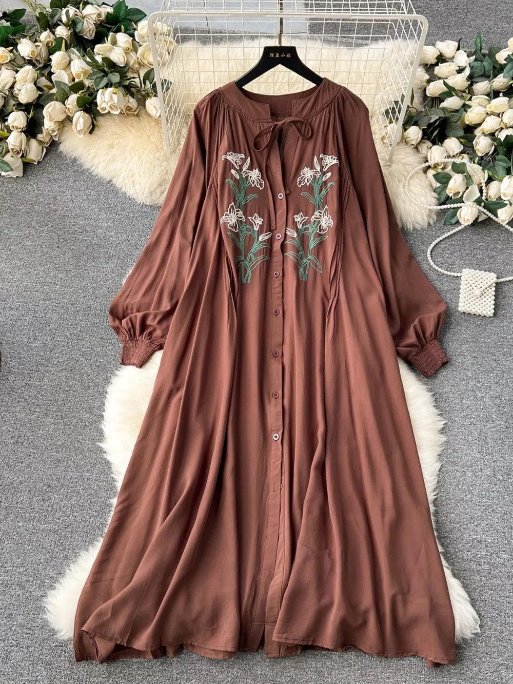 Floral Button Front Long Sleeve Dress, image 11