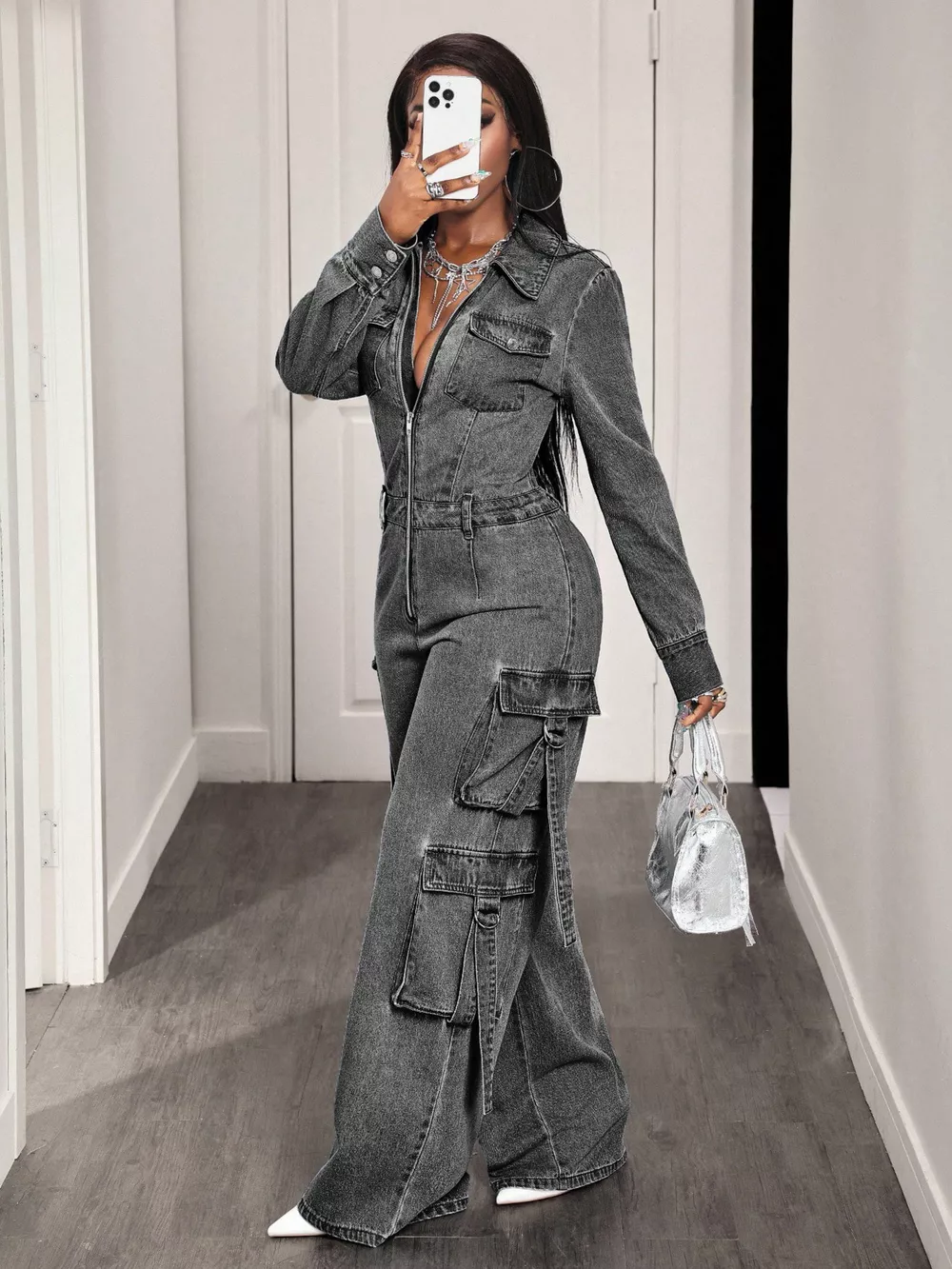 Zip Front Wide Leg Cargo Denim Jumpsuit