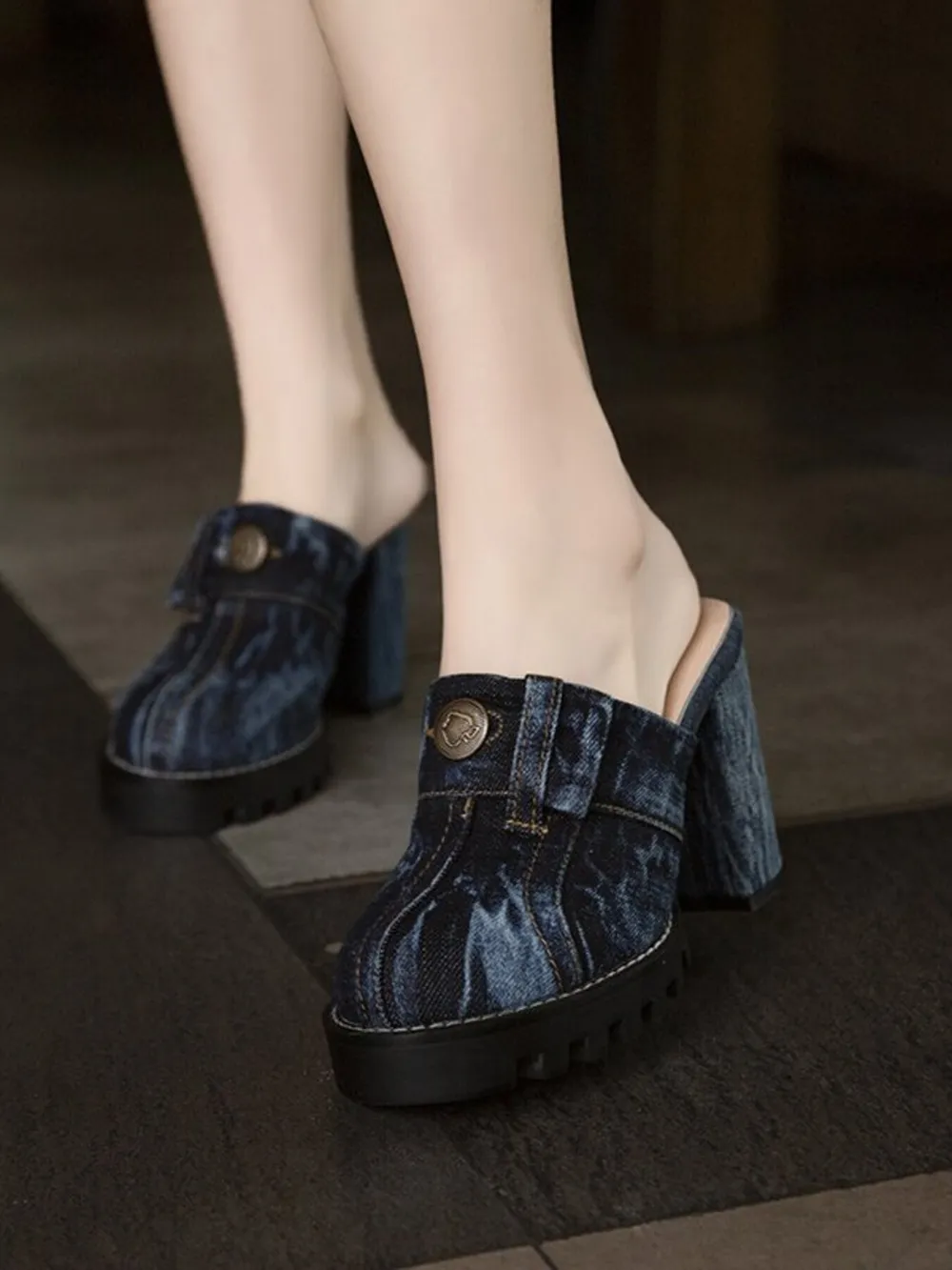 Denim Round Toe Block Heels Sandals, image 2