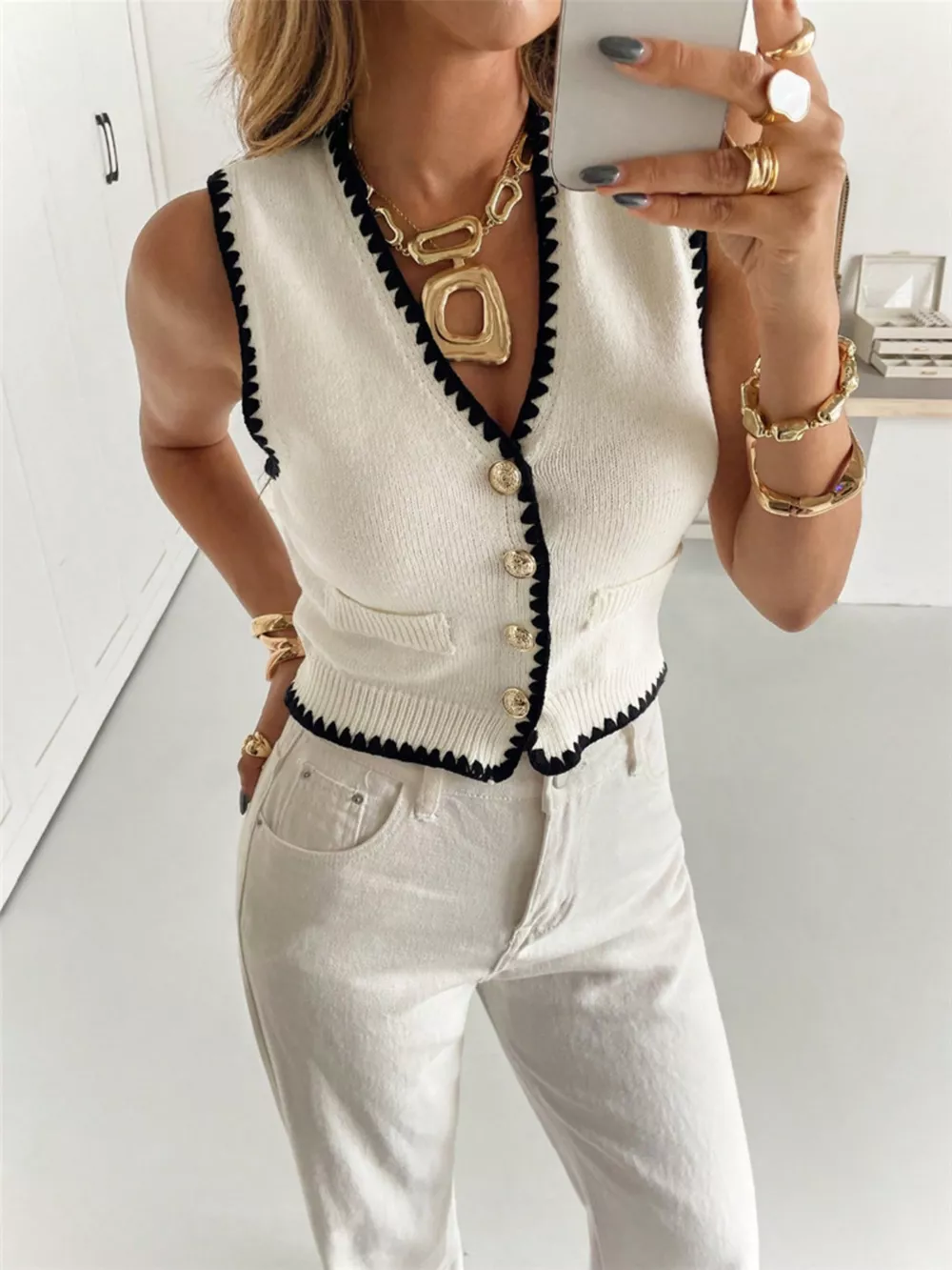 Contrast Trim Button Up Sweater Vest, image 5