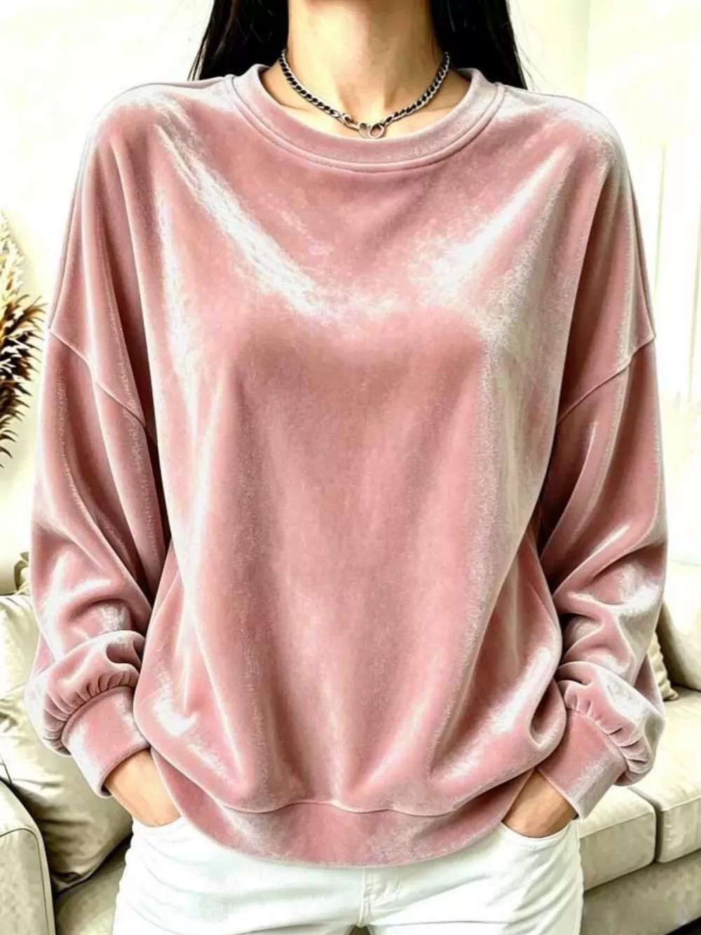 Full Size Velvet Dropped Shoulder Sweatshirt Plus Size