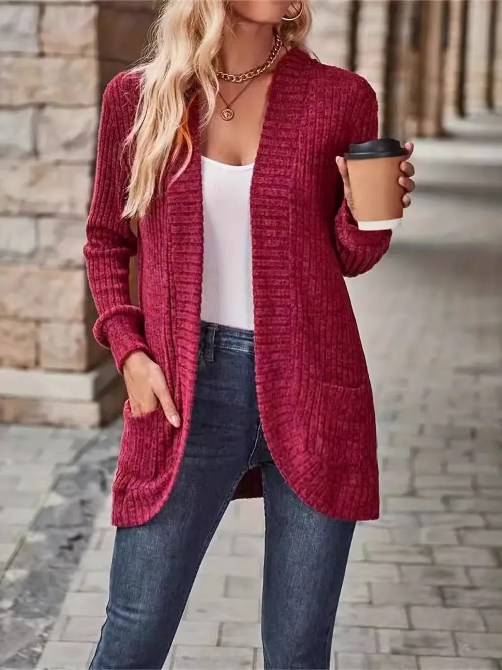 Ribbed Open Front Long Cardigan with Pockets, image 4