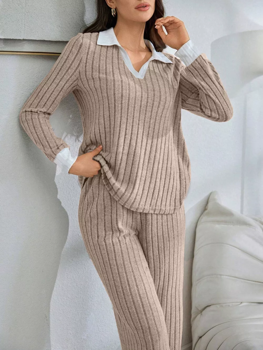 Ribbed Knit Polo Collar Top and Pants Lounge Set, image 12