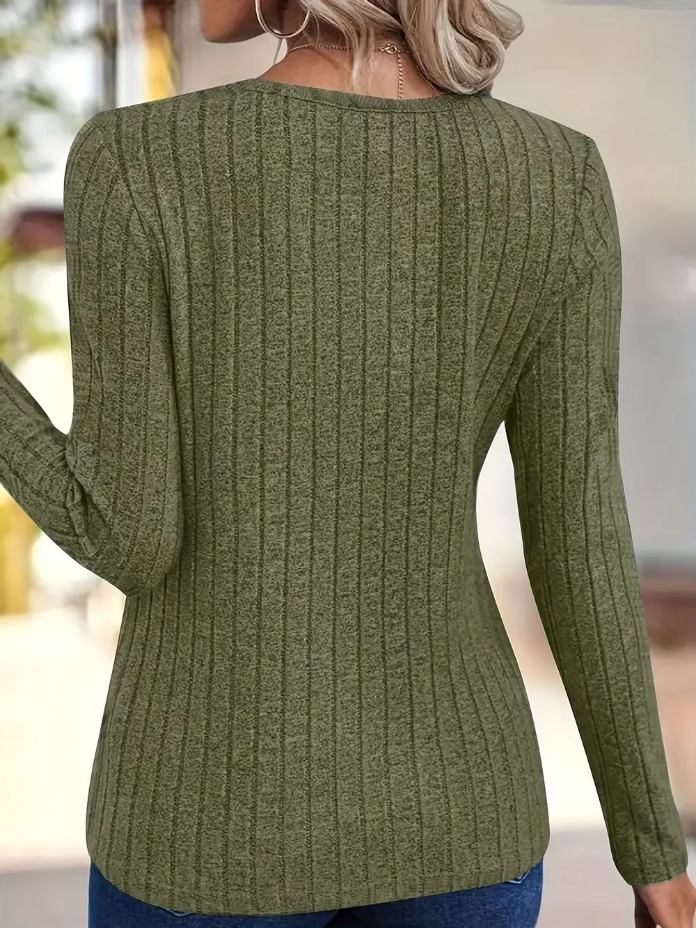 Ribbed Knit V-Neck Long Sleeve T-Shirt, image 7