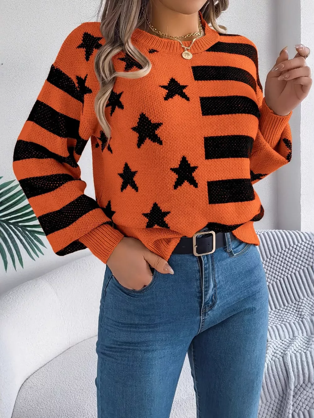 Stars and Stripes Pattern Casual Round Neck Sweater, image 10