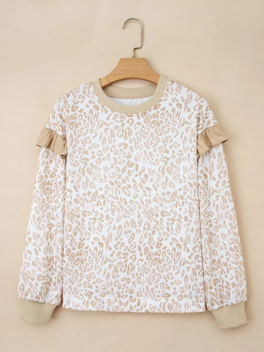 Leopard Ruffle Detail Ribbed Trim Round Neck Sweatshirt, image 7
