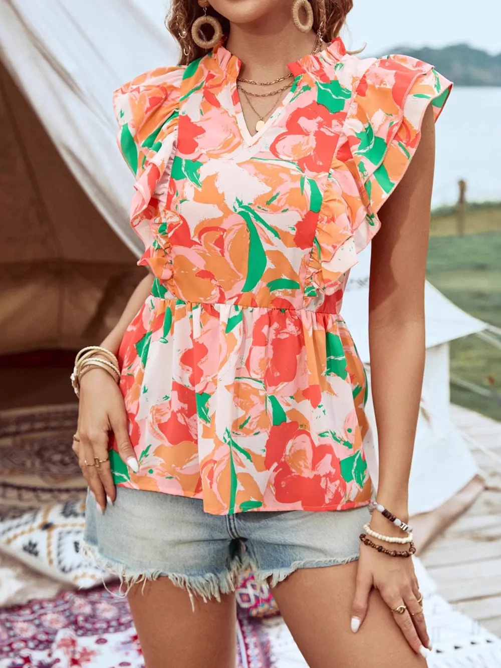 Floral Ruffle Cap Sleeve Blouse