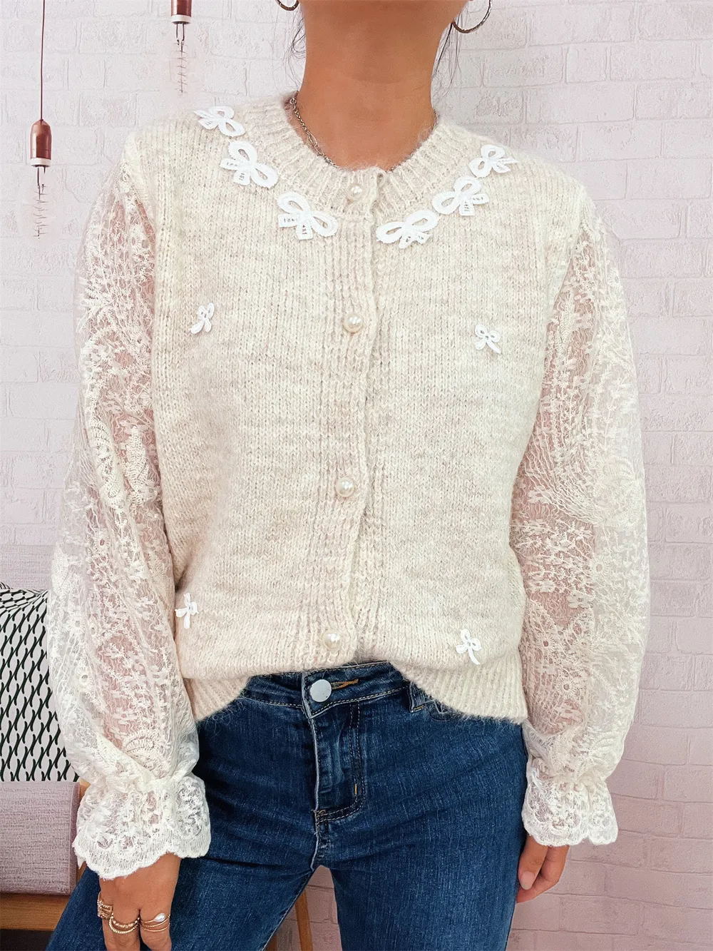 Lace Sleeve Button-Up Cardigan, image 2